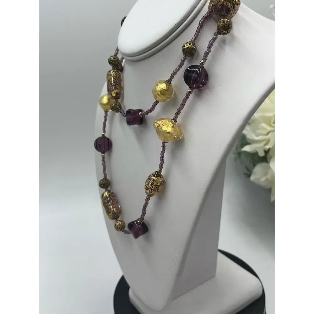 Purple Gold Foil Leaf Beaded Murano Vintage Glass Bead Embossed Brass Necklace‎